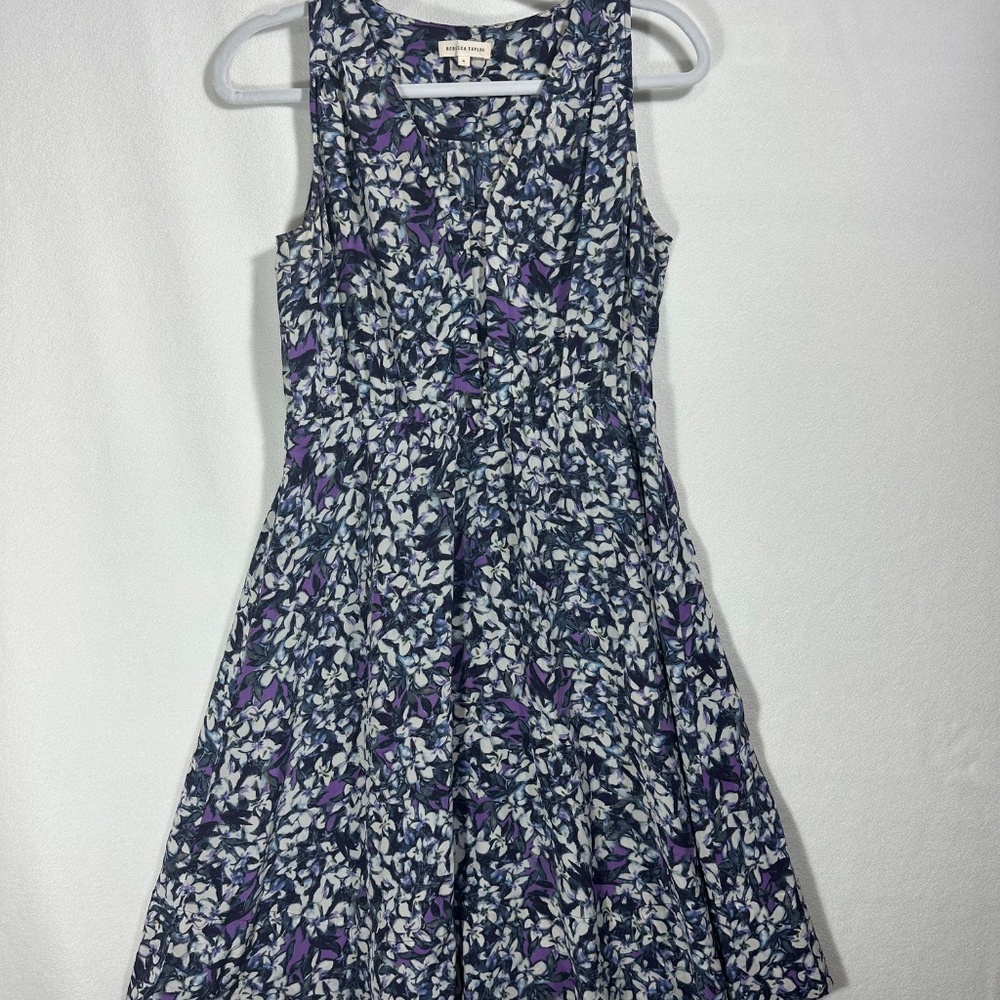 Rebecca Taylor Purple White Floral A-Line Silk Dress Size 4